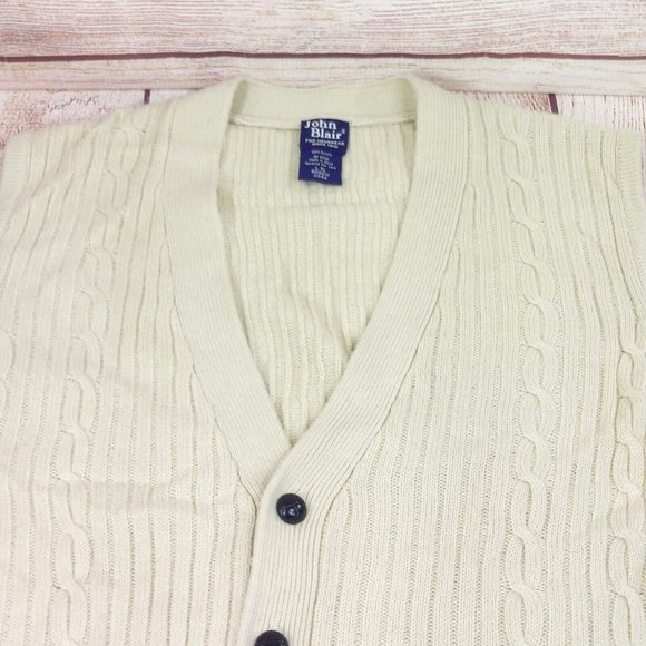 John Blair Men Cable Knit Sleeveless Sweater Vest Button Front 2 Pockets Cream L - Picture 2 of 12
